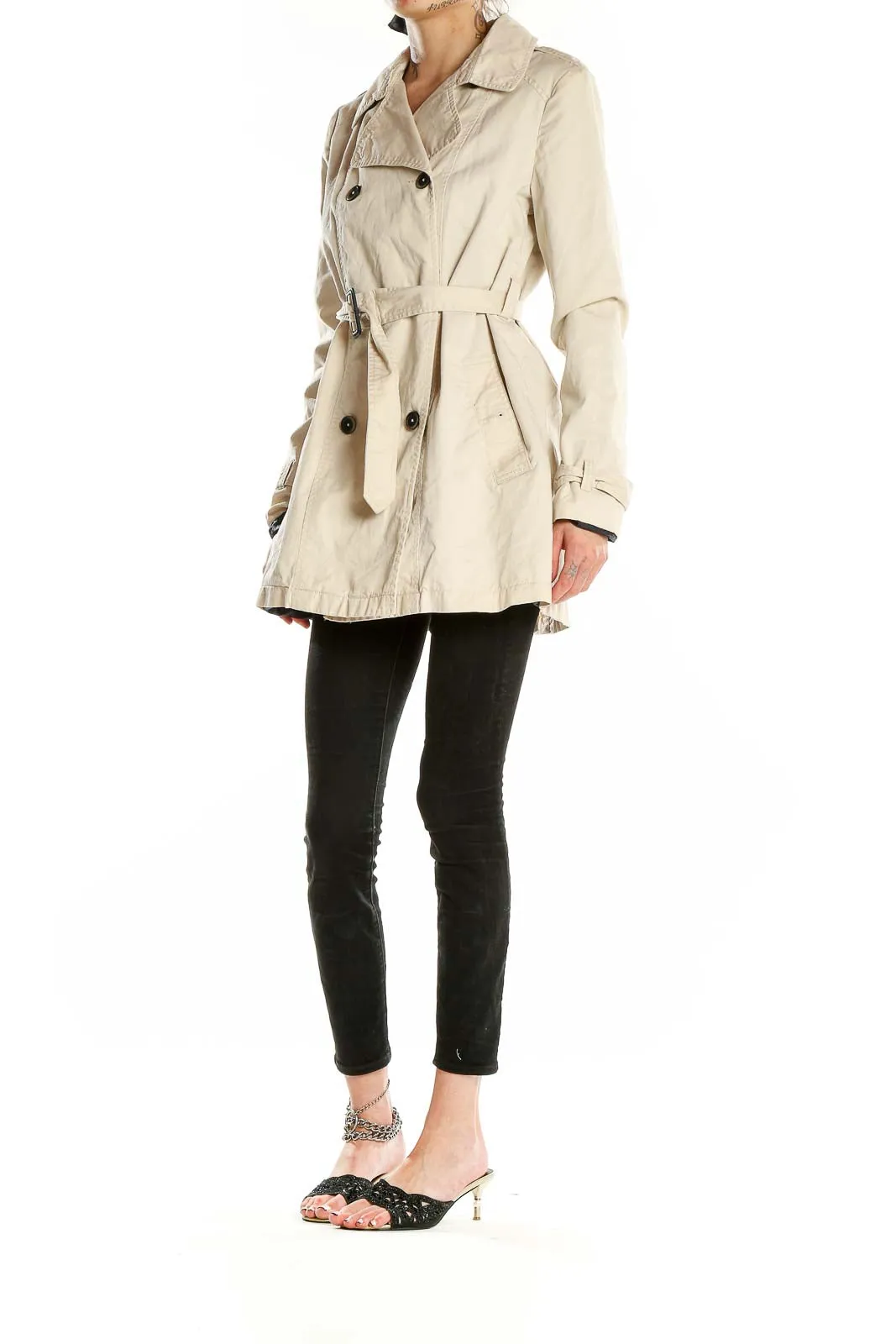 Beige Double-Breasted Belted Trench Coat