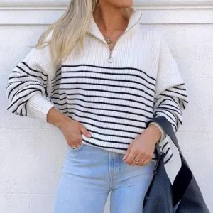 Beige Loose Striped Sweater