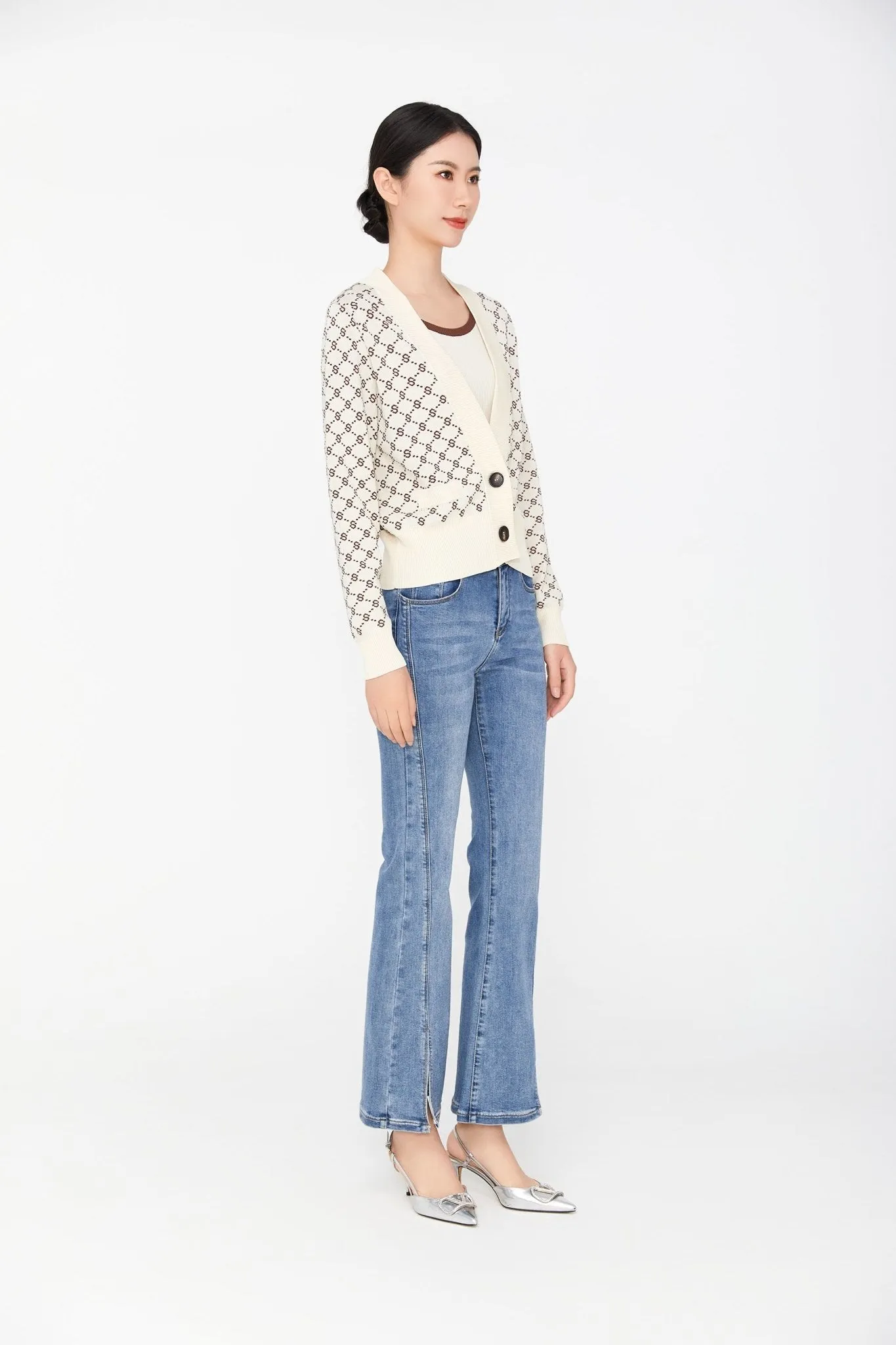 Beige Open Front Knit Printed Cardigans Sweater