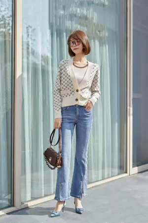 Beige Open Front Knit Printed Cardigans Sweater