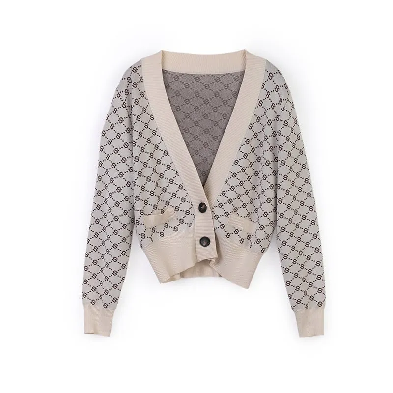 Beige Open Front Knit Printed Cardigans Sweater