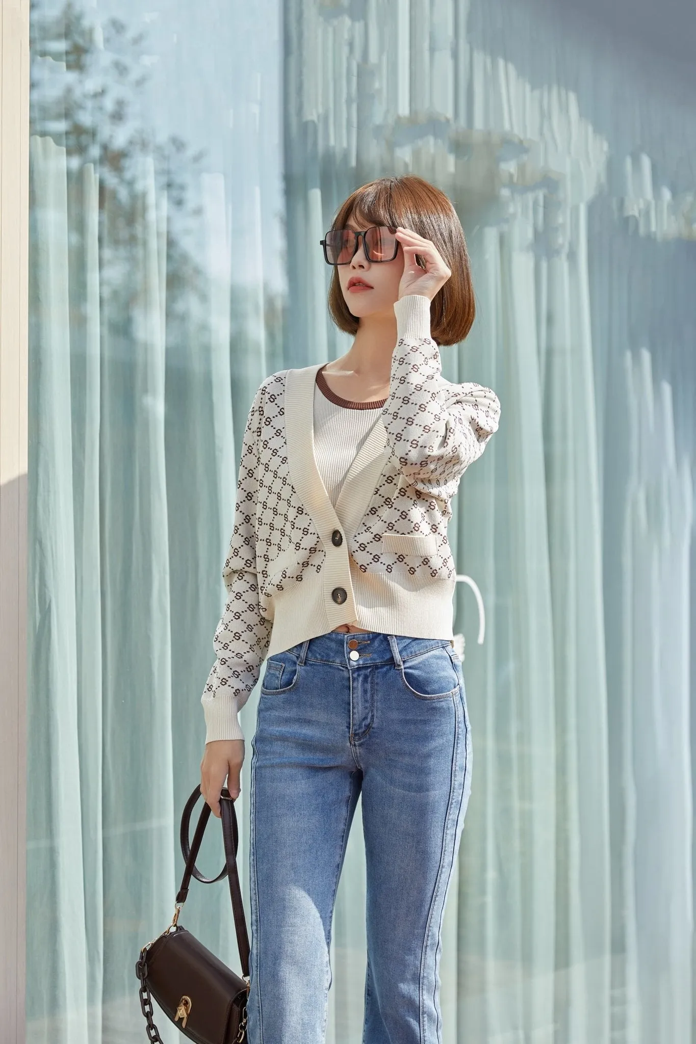 Beige Open Front Knit Printed Cardigans Sweater