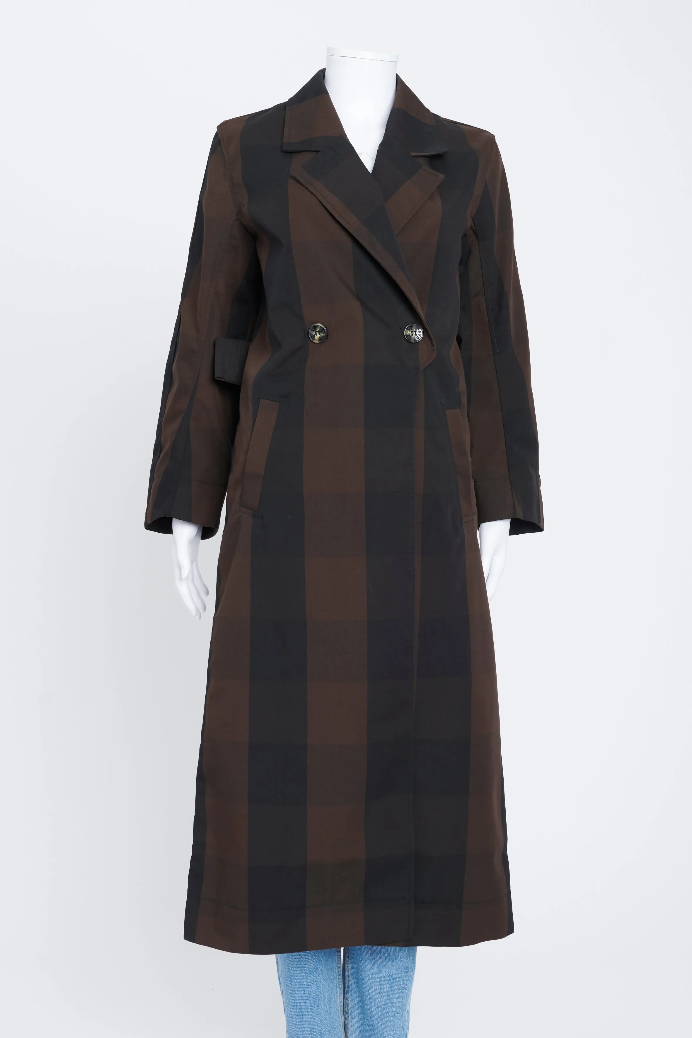 Black and Brown Plaid Print Preowned Trench Coat