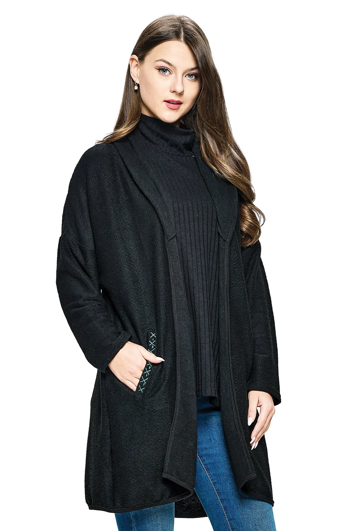 Black Cardigan Textured Oversized With Pockets