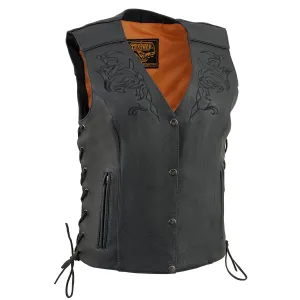 Black Color ML1296 Women's Black Leather Side Lace Motorcycle Rider Vest- Reflective Piping and Black Skulls