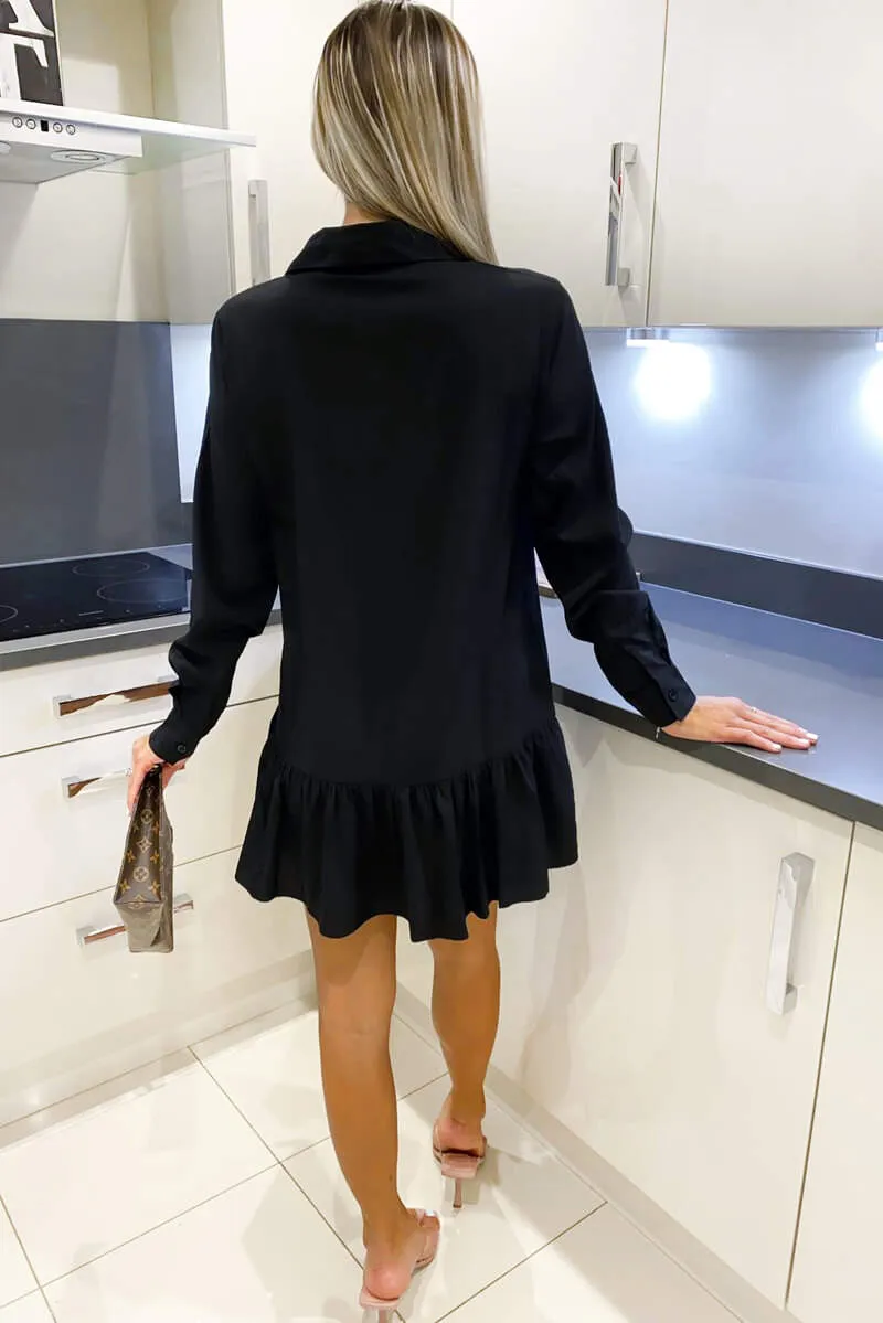 Black Frill Hem Shirt Dress