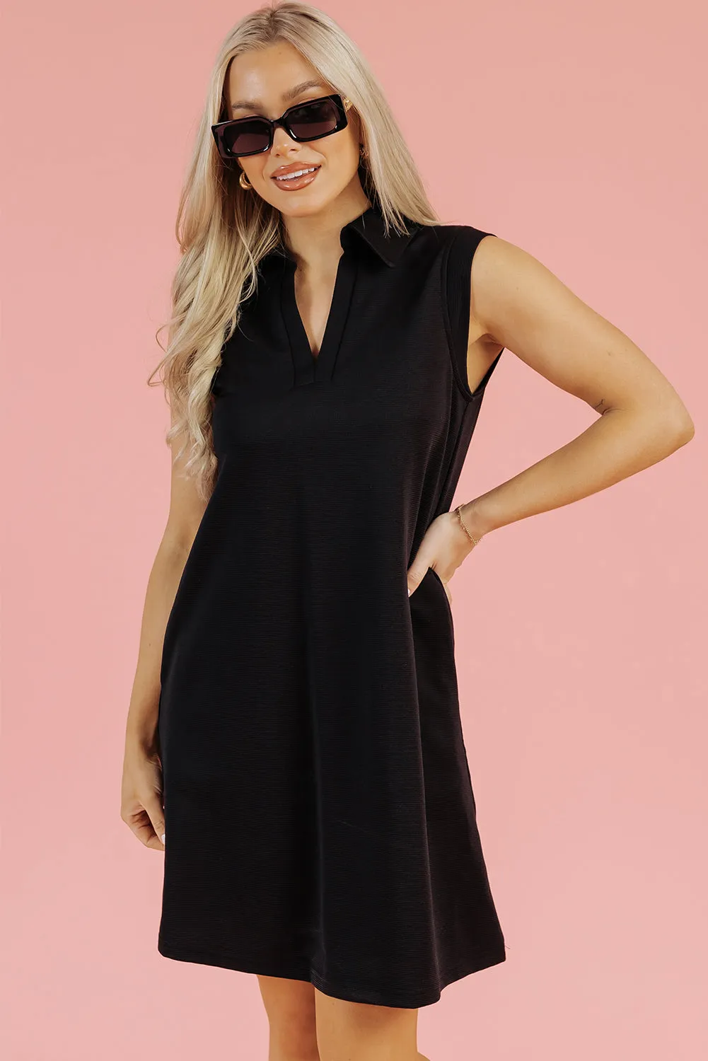 Black Solid Color Collared Slit Neck Sleeveless Mini Dress