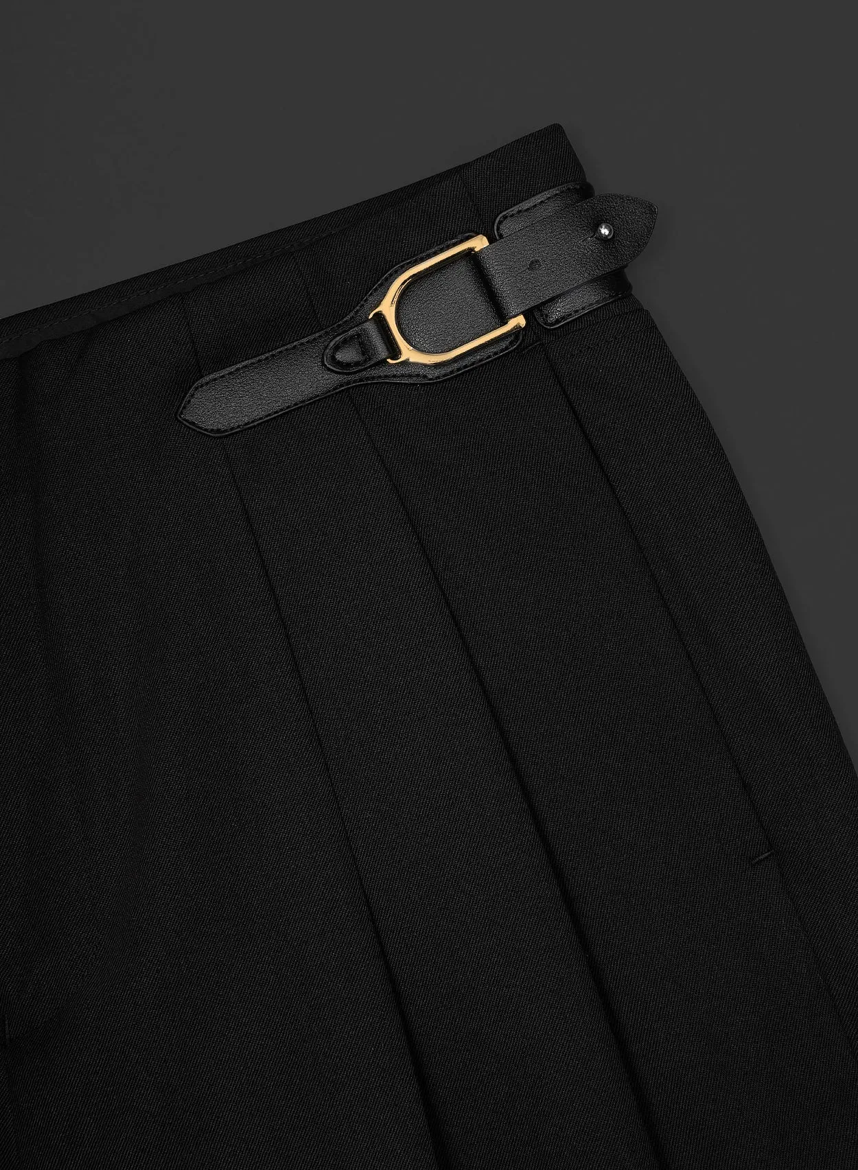 Black Wool Leather Side Buckle Wide Leg Flare Trouser