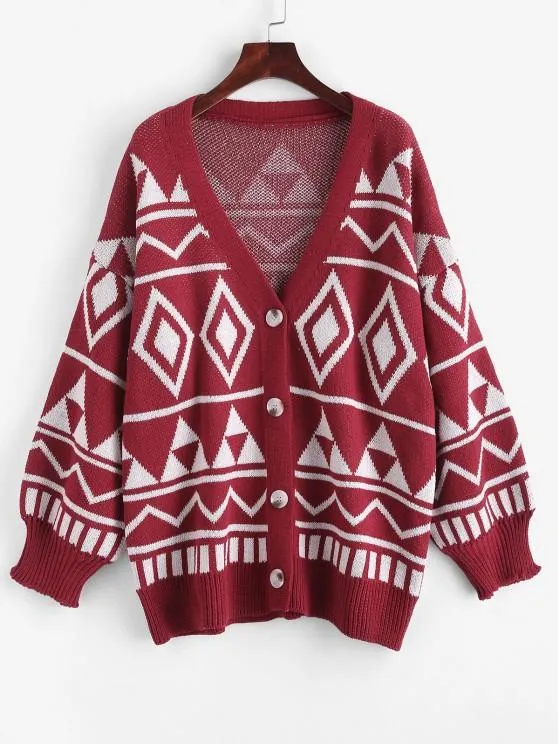 Button Up Geo Graphic Oversize Cardigan for Women