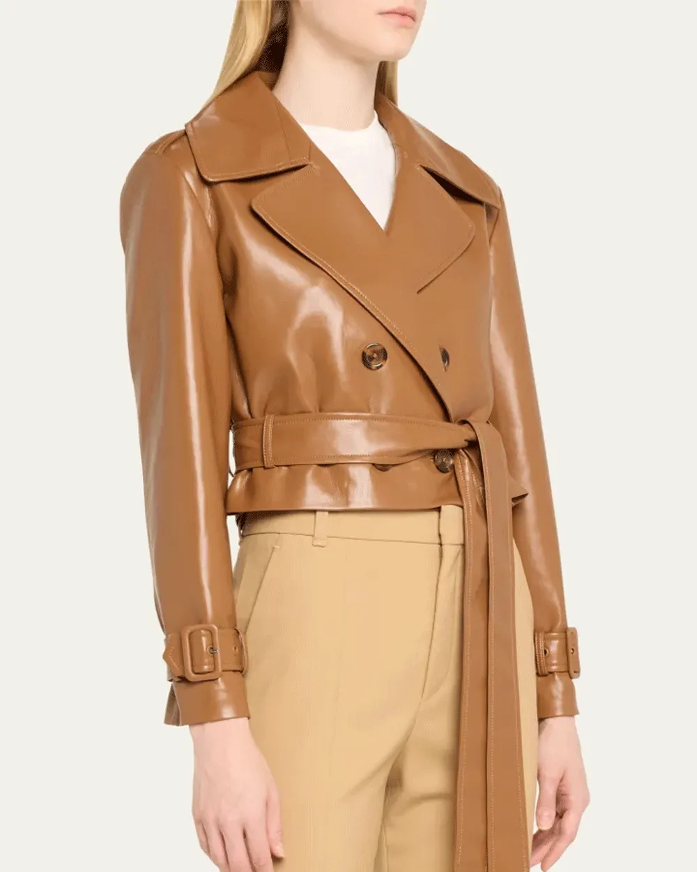 Camel Keith Vegan Cropped Trench Coat with Belt