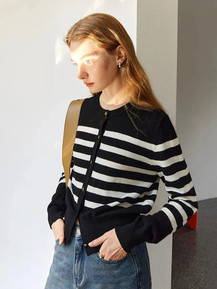 Classic Casual Striped Round Neck Long-sleeved Sweater Cardigan