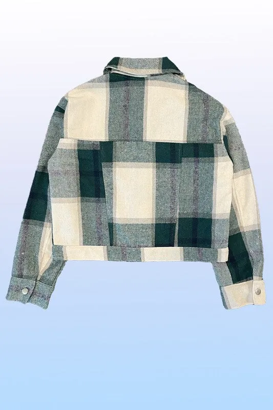 Cropped Green Pattern Flannel Jacket