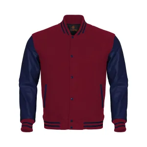 Custom Varsity Jackets Maroon Body and Navy Blue Leather Sleeves Varsity Jacket