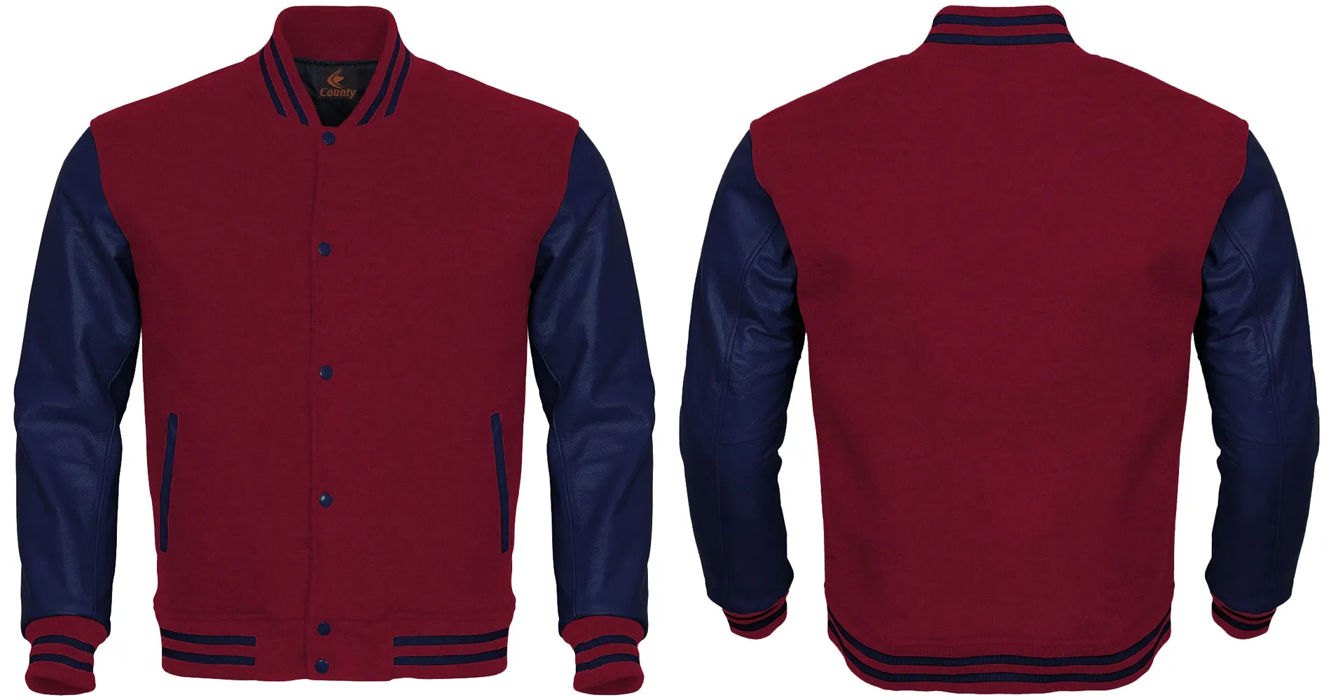 Custom Varsity Jackets Maroon Body and Navy Blue Leather Sleeves Varsity Jacket