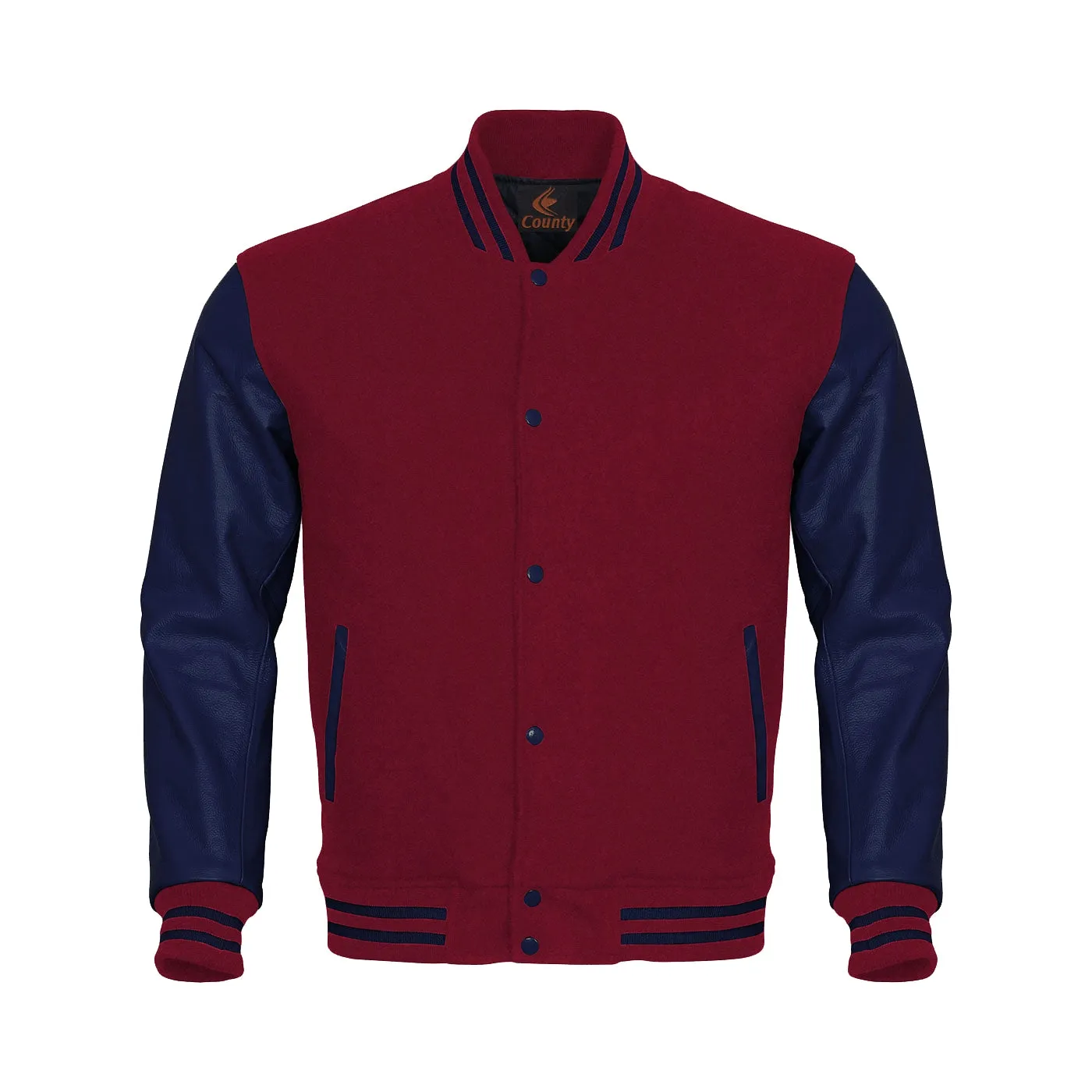 Custom Varsity Jackets Maroon Body and Navy Blue Leather Sleeves Varsity Jacket