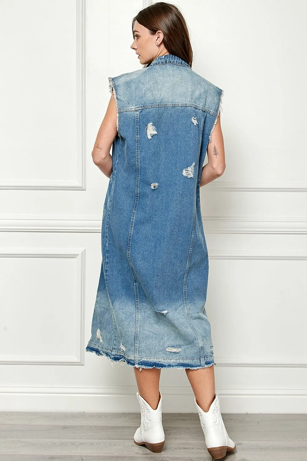 Distressed Sleeveless Longline Denim Jacket