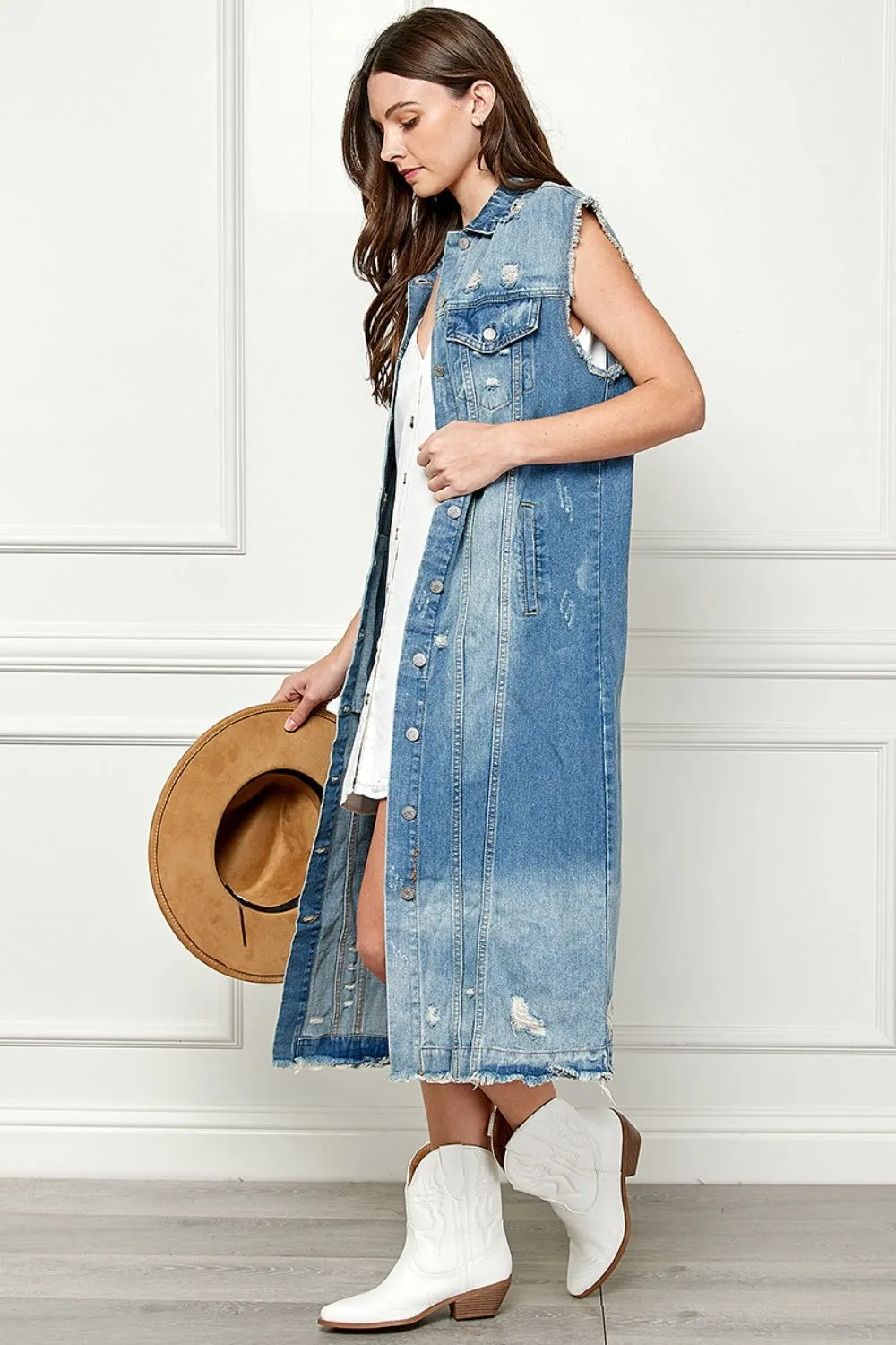 Distressed Sleeveless Longline Denim Jacket