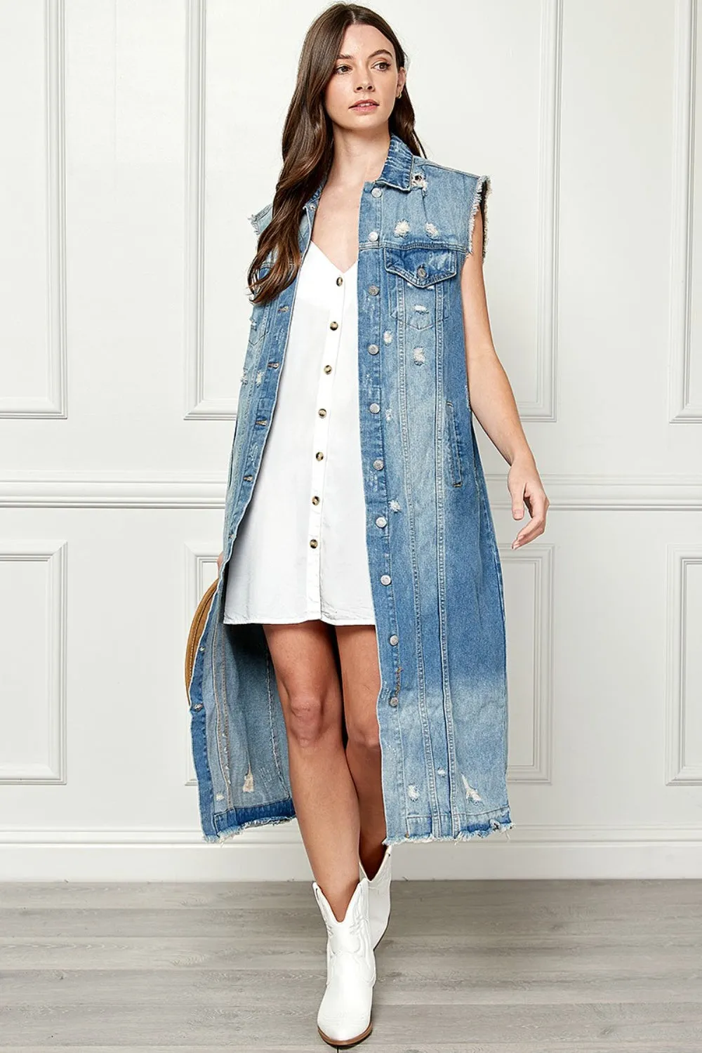 Distressed Sleeveless Longline Denim Jacket