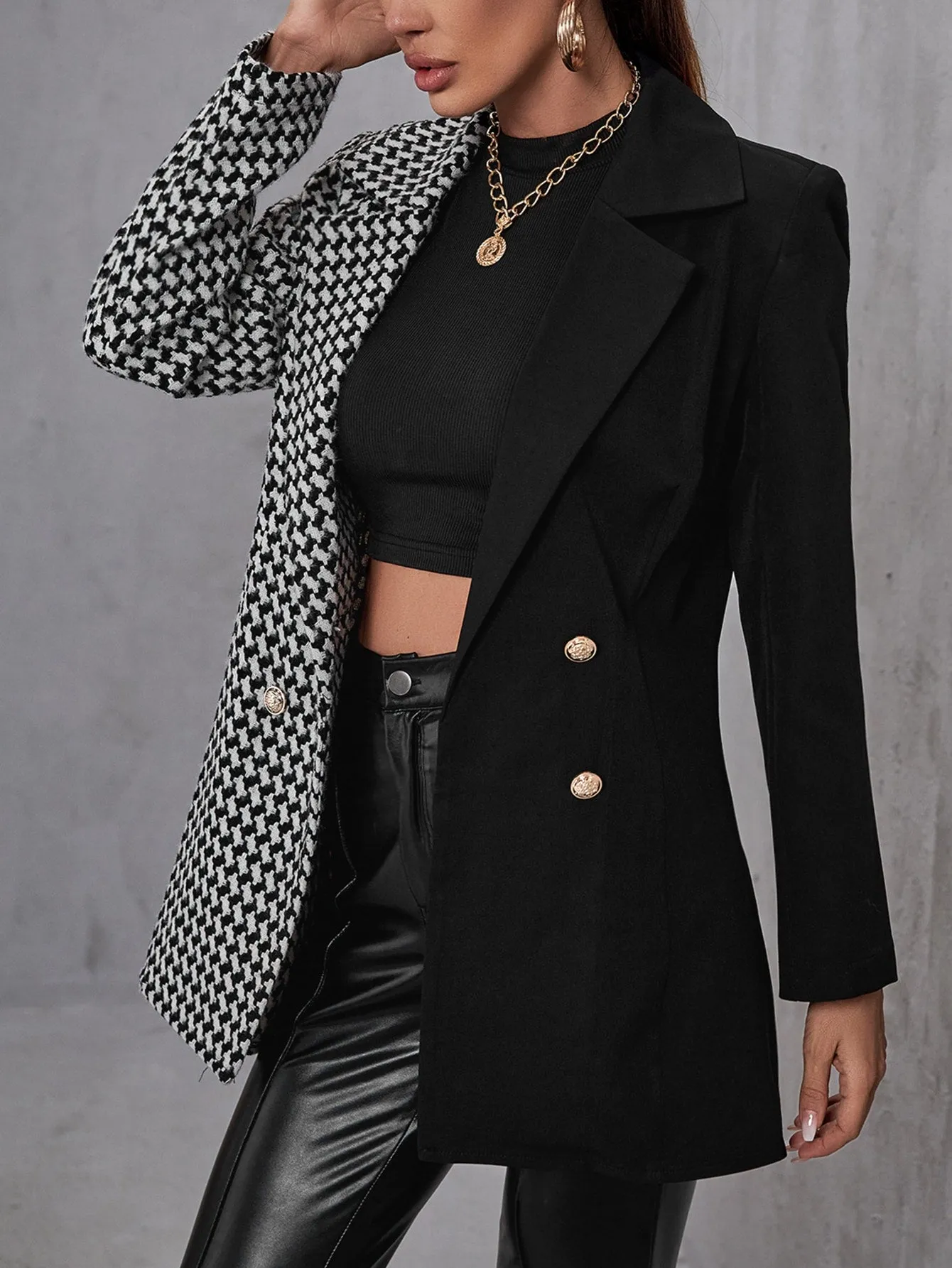 Elegant Houndstooth Double Button Long Sleeve Lapel Long Women Blazer