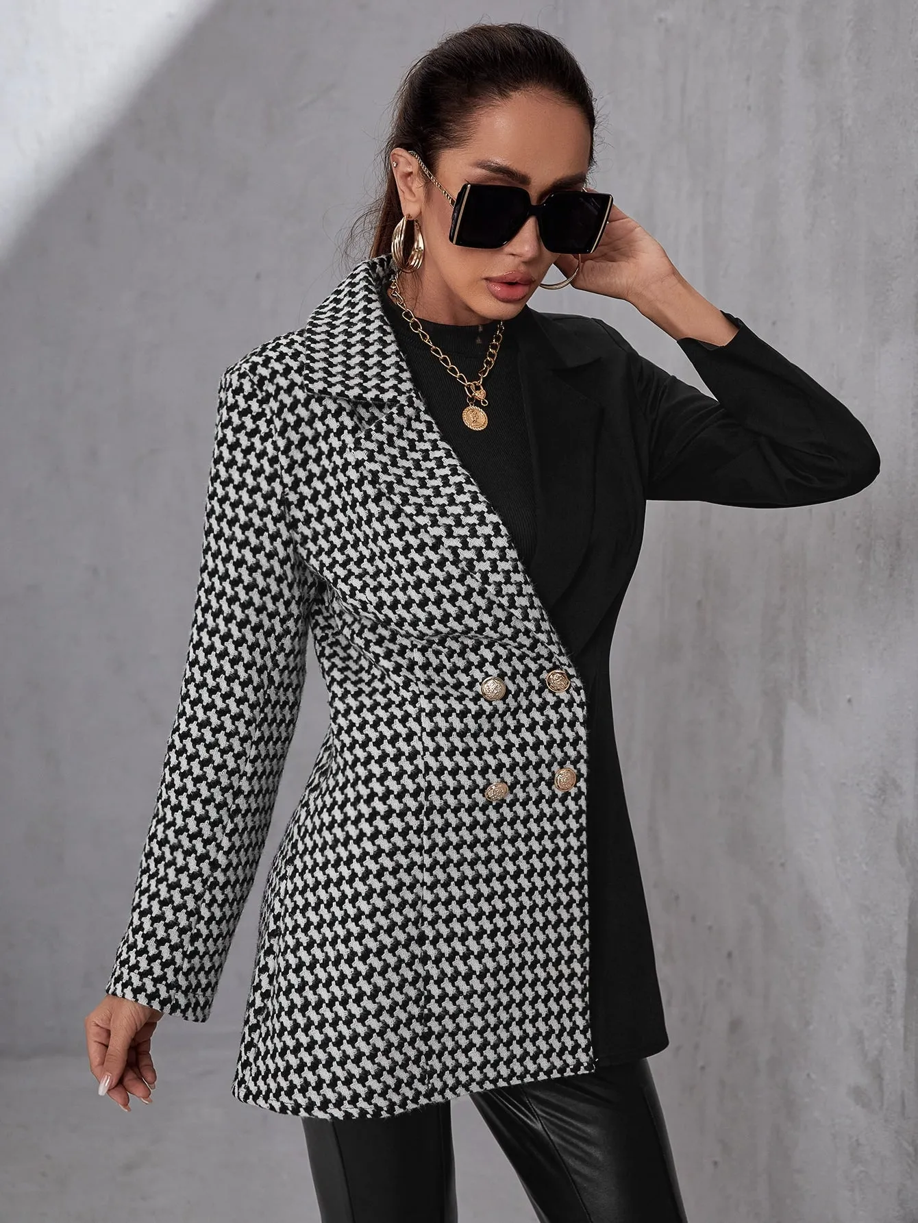 Elegant Houndstooth Double Button Long Sleeve Lapel Long Women Blazer