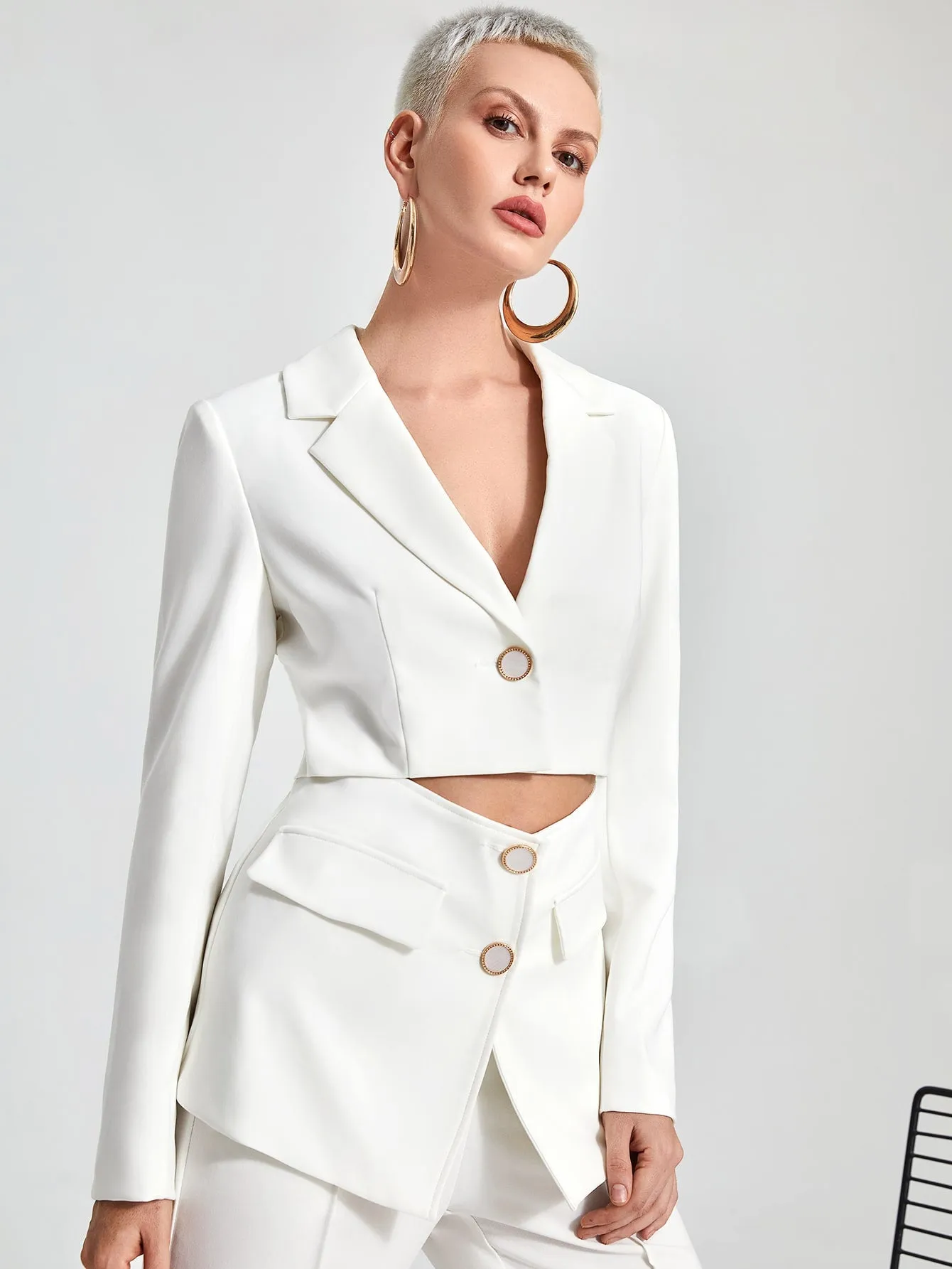 Elegant Plain Button Front Long Sleeve Lapel Regular Women Blazer