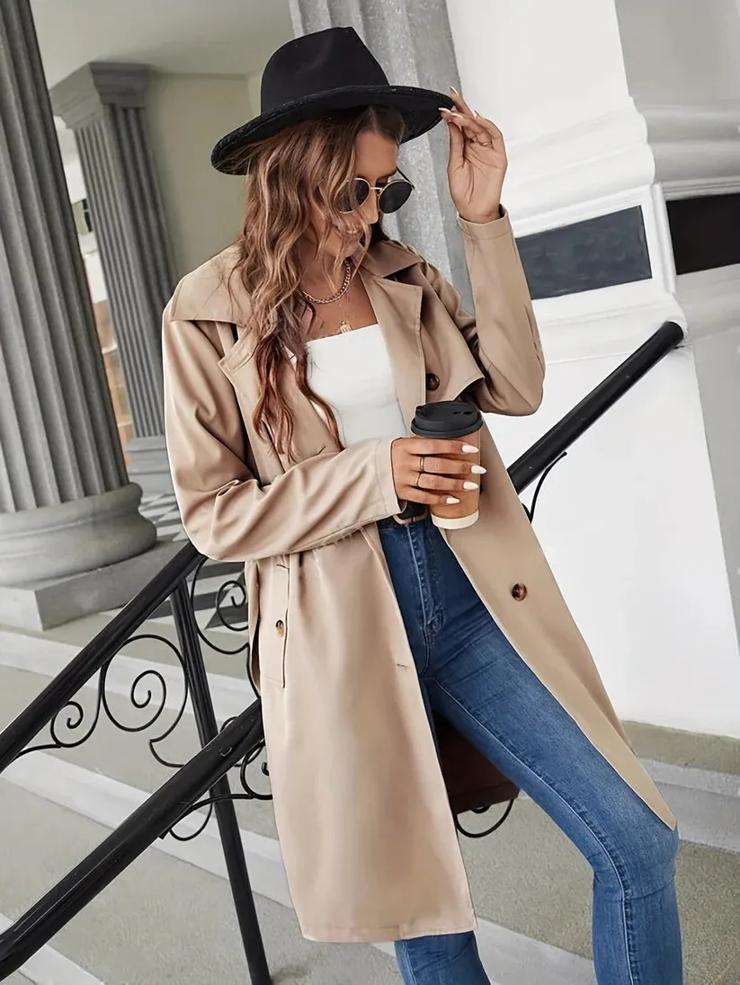 Elegant Solid Color Trench Coat with Long Sleeves for Women | Perfect for Casual Days