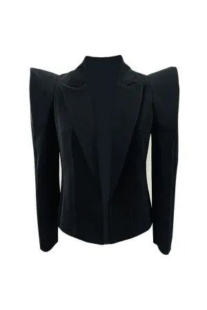 Exaggerated Puff Shoulder Lapel Long Sleeve Open Front Cinch Waist Blazer