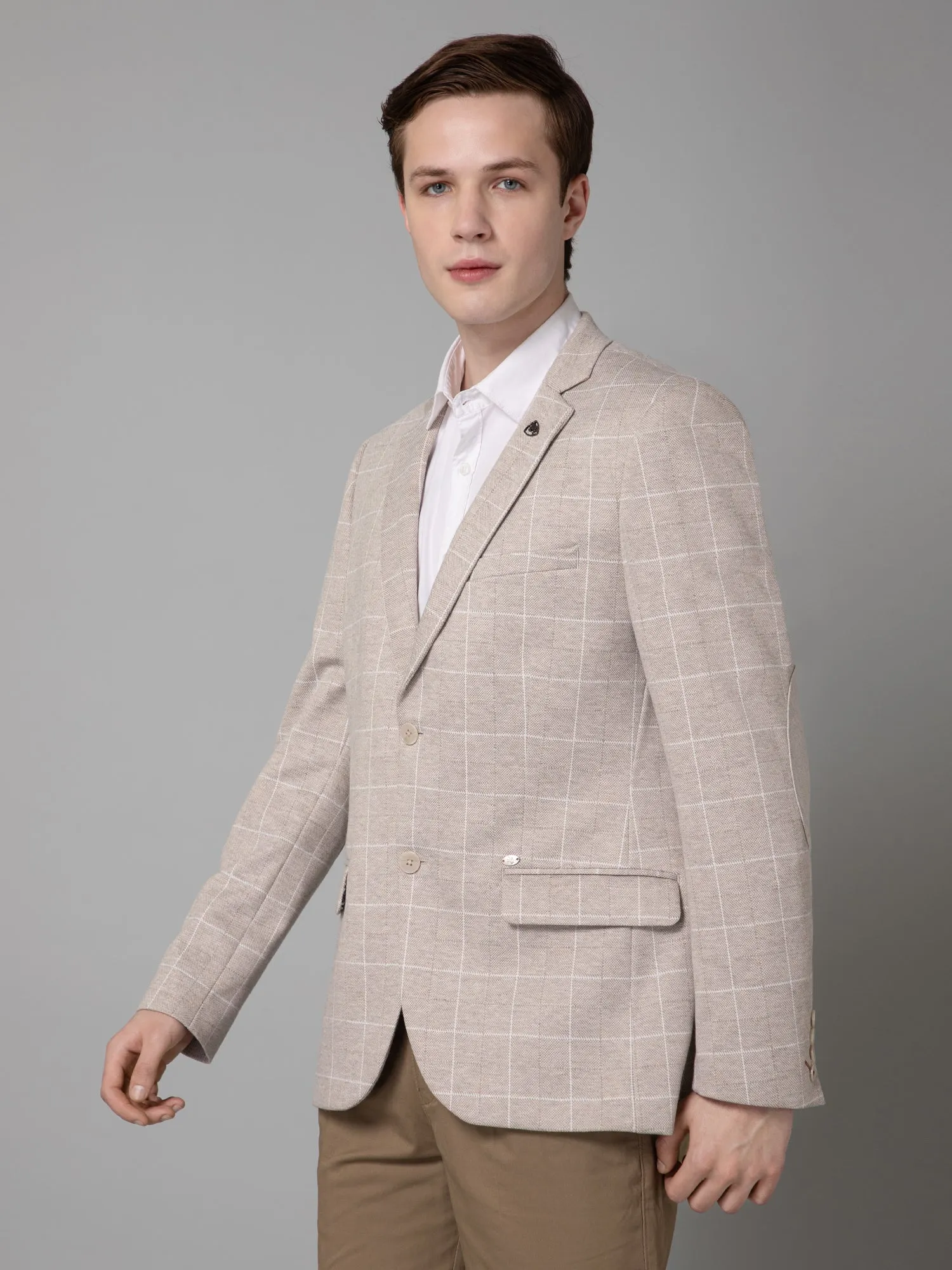 Fawn Checkered Full Sleeves Casual Blazer For Men