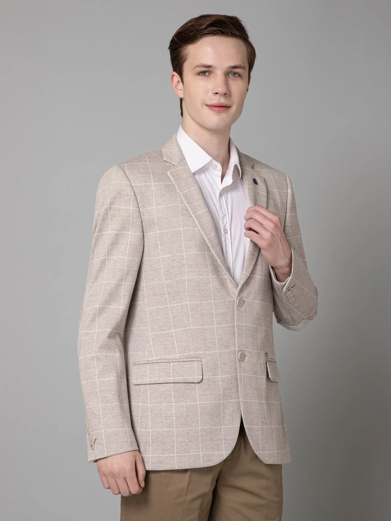 Fawn Checkered Full Sleeves Casual Blazer For Men