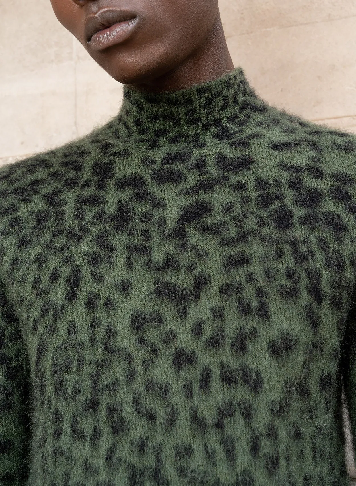 Green Leopard Mohair Mock Neck Jumper