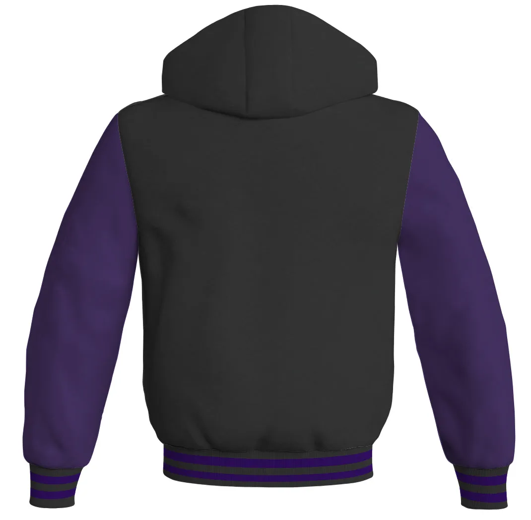 Hoodies For Men Black Body and Purple Leather Sleeves Varsity Hoodie