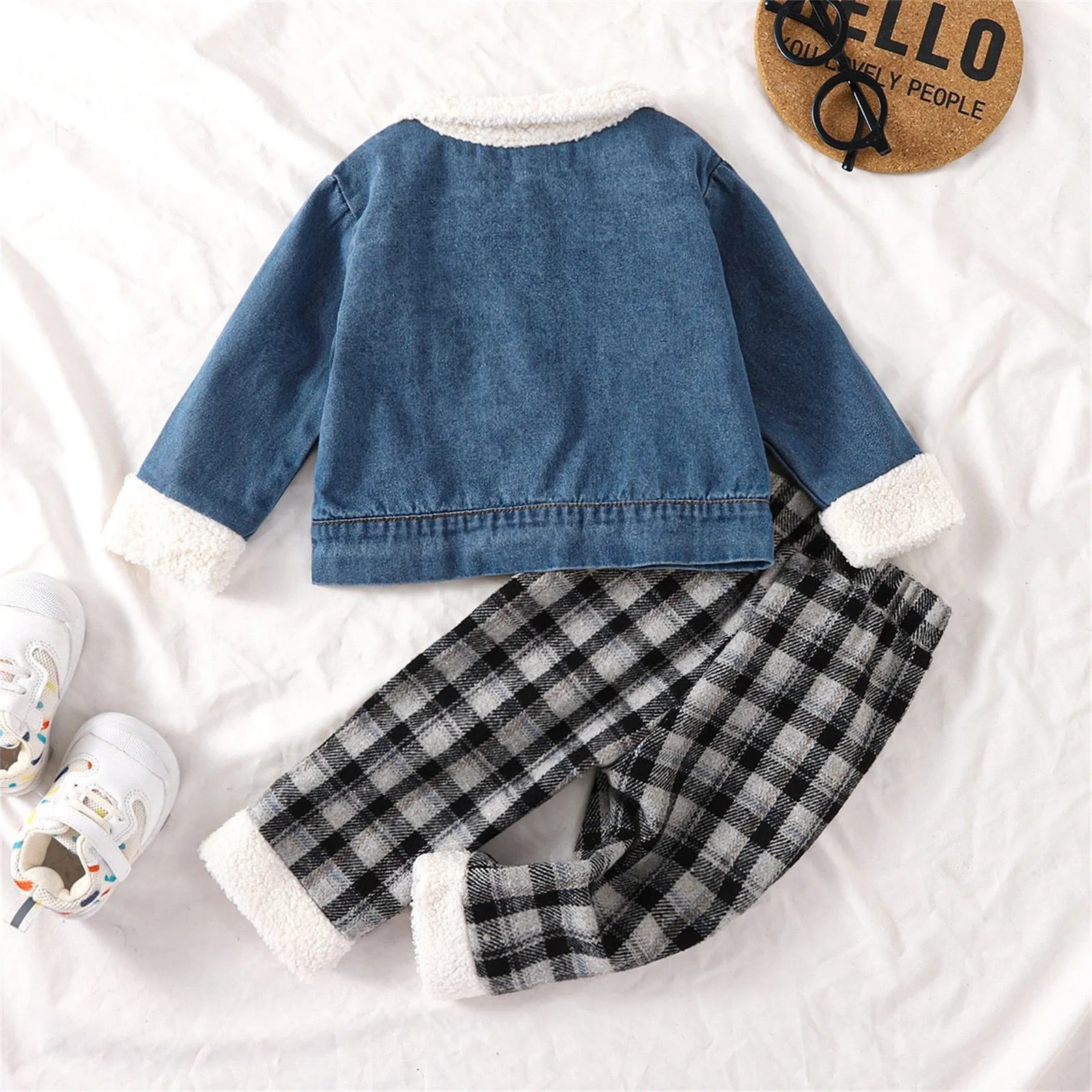 Infant Sweater set for Boys Shirt Jacket Plaid Patchwork Long Sleeve with Pant