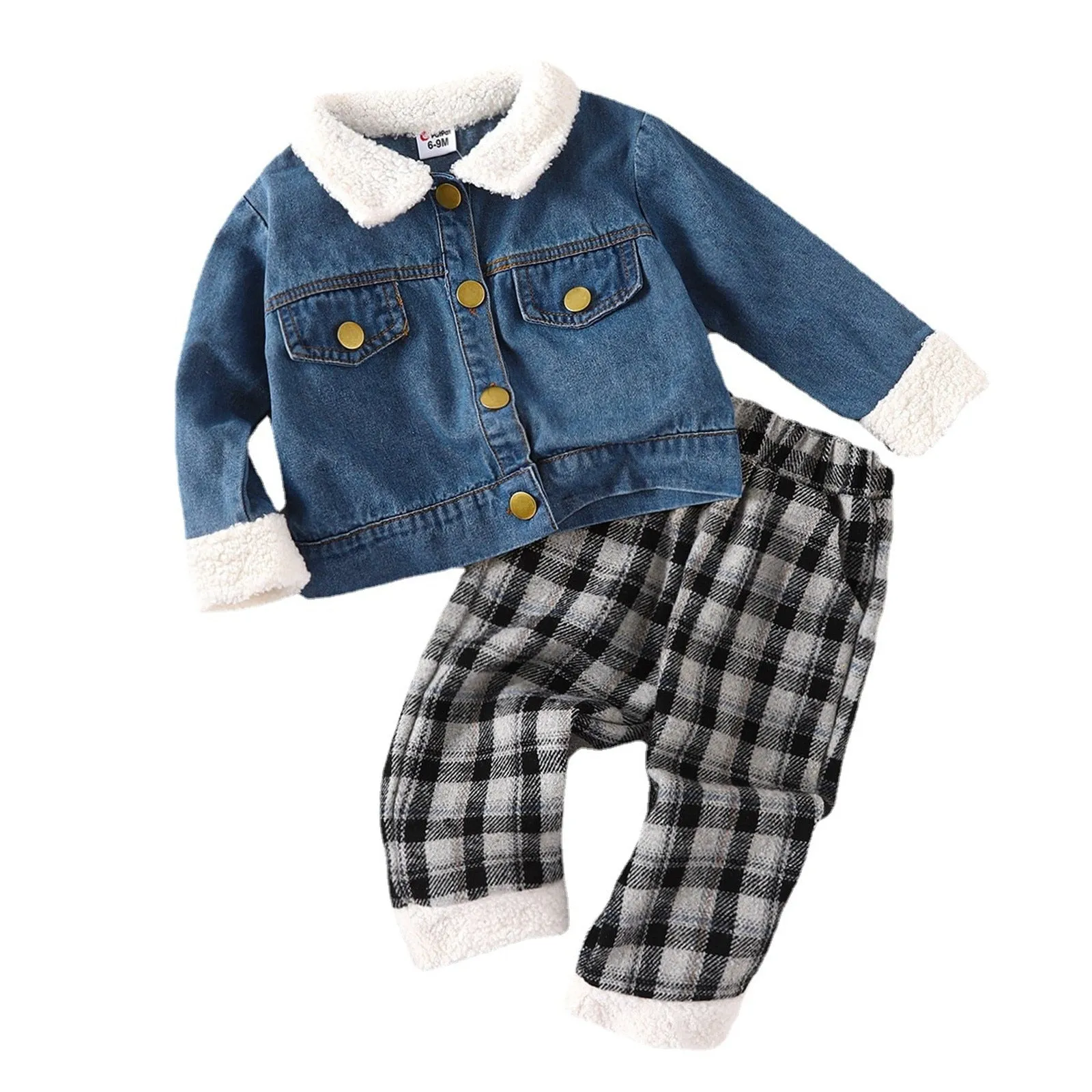 Infant Sweater set for Boys Shirt Jacket Plaid Patchwork Long Sleeve with Pant