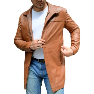 Jild 3/4 Length Trench Leather Car Coats for Men