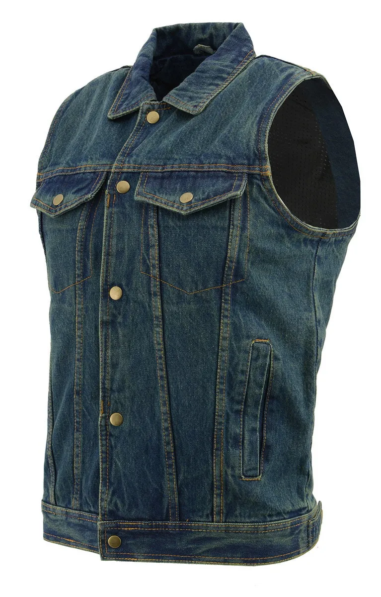 M Boss Motorcycle Apparel BOS13004 Men's Blue Denim Motorcycle Side Lace Vest with Shirt Style Collar