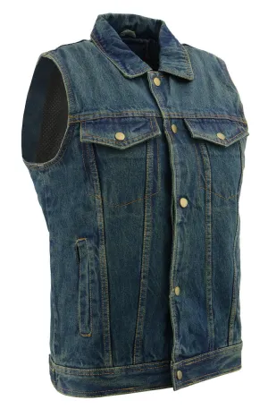 M Boss Motorcycle Apparel BOS13004 Men's Blue Denim Motorcycle Side Lace Vest with Shirt Style Collar