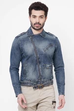 Med Blue Full Sleeve Denim Zipper Jacket