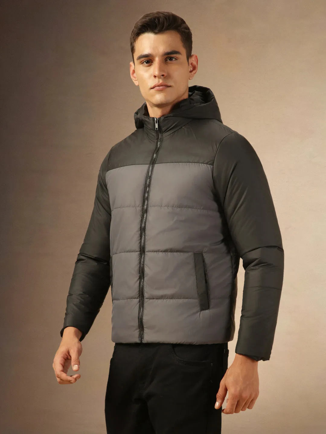 Men's Black Hooded Full Sleeves Puffer Jacket