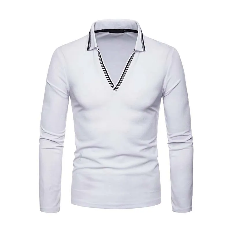 Men's Casual Simple Slim Fit V-neck Long-sleeved Polo Shirt 22464293K