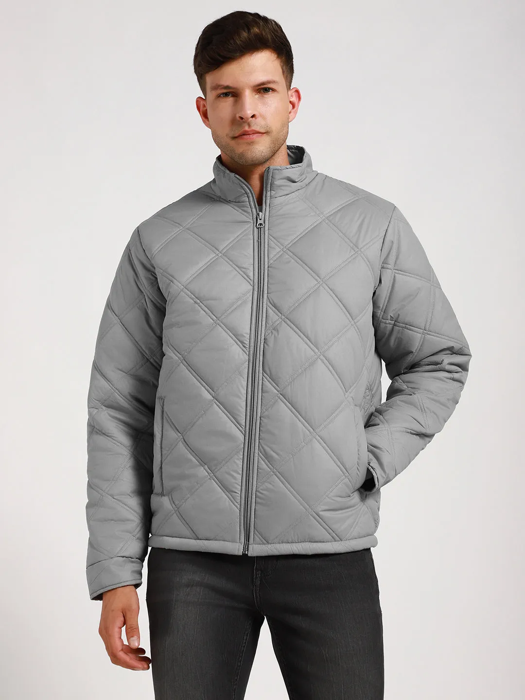 Men's High Neck Regular Fit Solid Quilted Light Grey Jackets