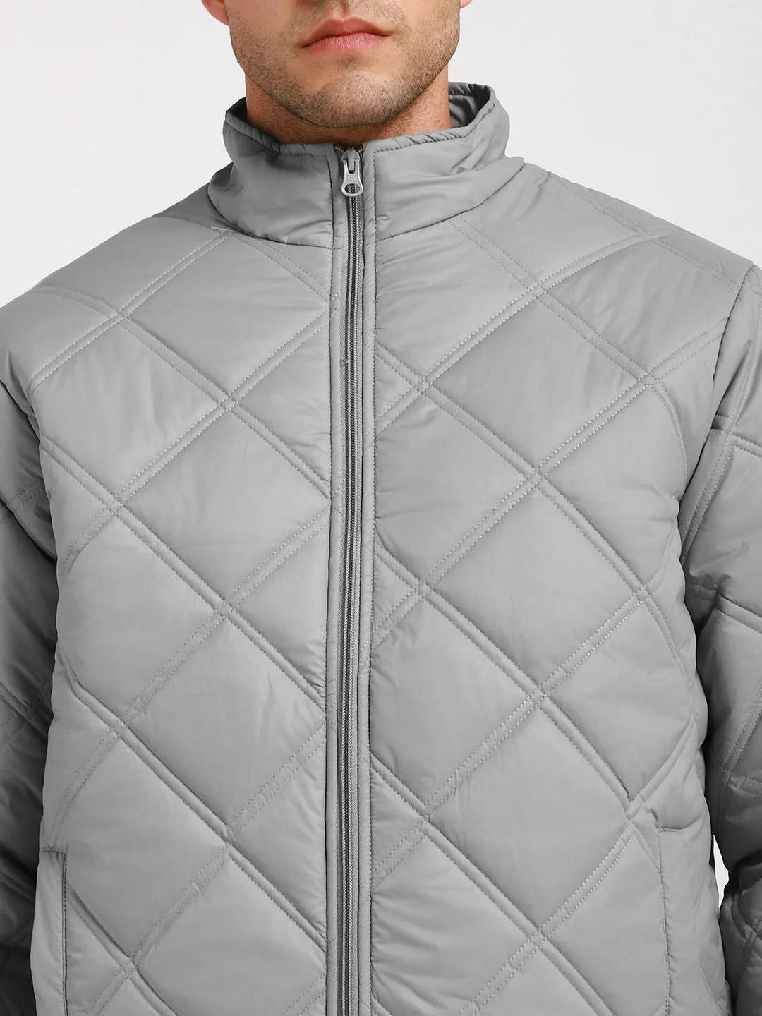 Men's High Neck Regular Fit Solid Quilted Light Grey Jackets