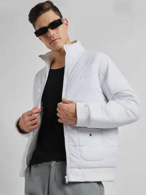 Men's High Neck Regular Fit Solid Quilted White Jackets