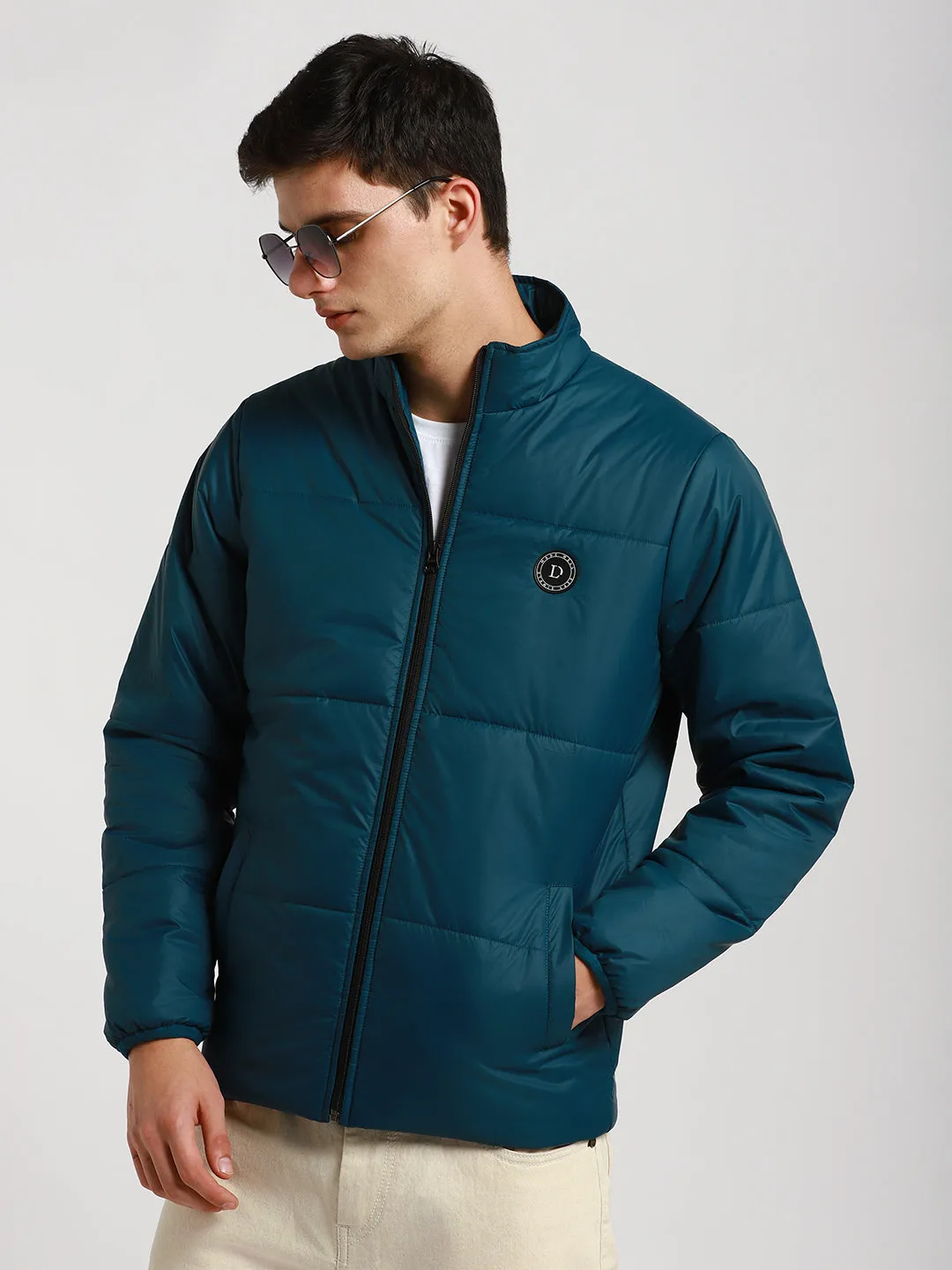 Men's High Neck Regular Fit Solid Turqouise Green Jackets