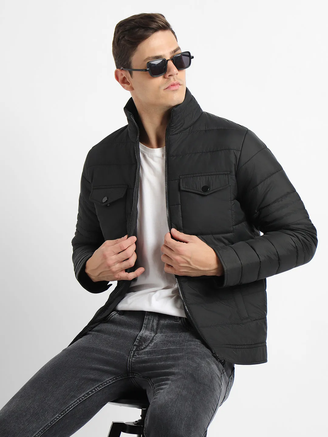 Men's High Neck Regular Fit Solid With Patch Pocket Black Jackets