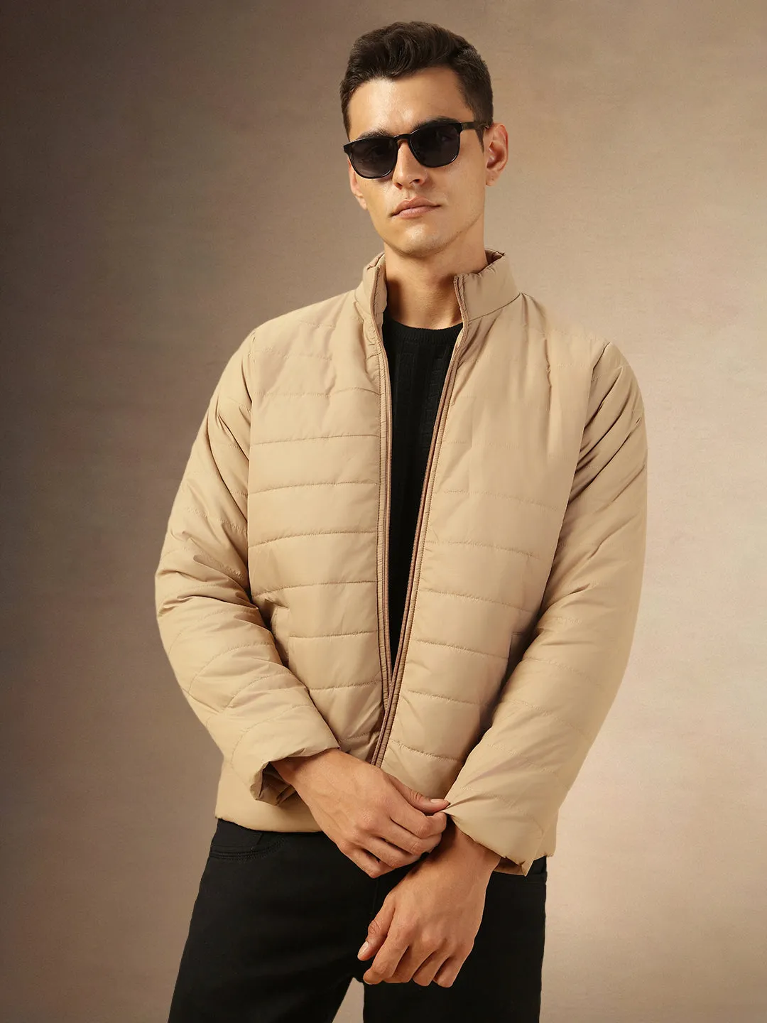 Men's Khaki Solid Mock Neck Full Sleeves Regular Fit Padded Jacket