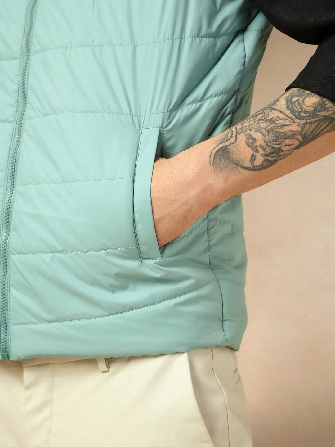 Men's Light Blue Solid Mock Collar Sleeveless Jacket