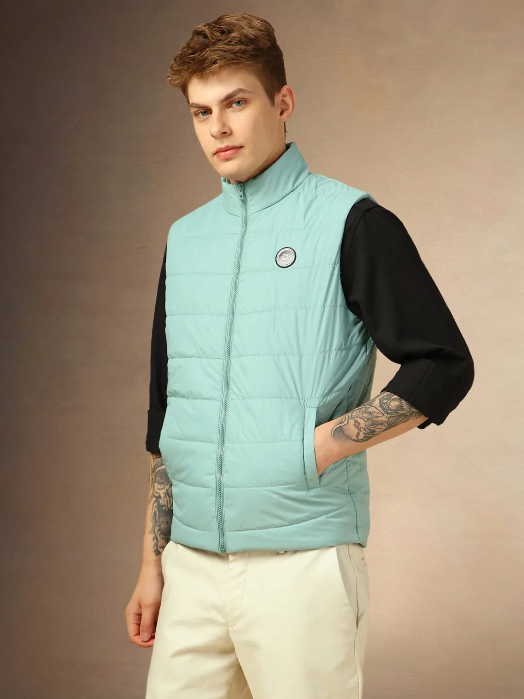 Men's Light Blue Solid Mock Collar Sleeveless Jacket