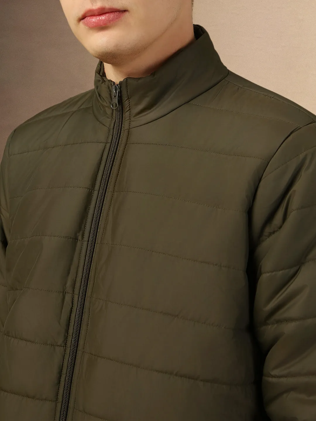 Men's Olive Solid Mock Neck Full Sleeves Regular Fit Padded Jacket