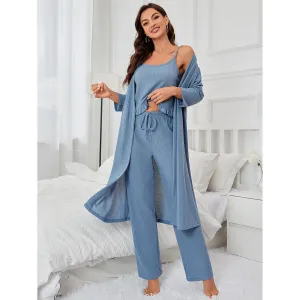 Pajamas Women Waffle Solid Color Suspender Trousers Long Sleeve Outerwear Gown Three Piece Home Wear