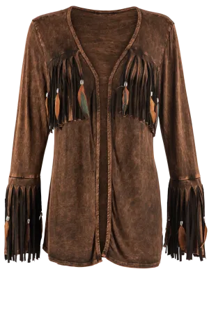 Pat Dahnke Feather Fringe Shawl Jacket - Brown